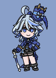 1girl black_gloves black_shirt black_shoes black_shorts blue_eyes blue_hair blue_hat blue_jacket blush brooch cane chibi closed_mouth commentary_request full_body furina_(genshin_impact) genshin_impact gloves grey_hair hair_between_eyes hair_intakes hat heterochromia high_heels highres jacket jewelry looking_at_viewer mokkyo_(motkyo) multicolored_hair purple_eyes shirt shoes short_shorts shorts smile solo standing streaked_hair tilted_headwear top_hat two-tone_hair