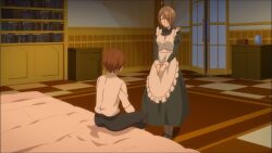 1boy 1girl ahoge anime_screenshot breasts brown_hair hair_over_one_eye highres kaifuku_jutsushi_no_yarinaoshi_~sokushi_mahou_to_skill_copy_no_chouetsu_heal~ keyarga_(kaiyari) large_breasts maid maid_(kaiyari) multiple_girls non_porn smile tagme