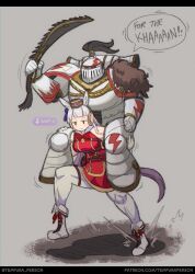 1boy 1girl adeptus_astartes animal_ears armor boots carrying chainsword english_text frown gold_ship_(umamusume) hair_ribbon hat helmet highres holding holding_sword holding_weapon horse_ears horse_girl long_hair pauldrons pelt piggyback plume power_armor purple_hair ribbon running shoulder_armor shouting sword tall_female tempura_person umamusume warhammer_40k weapon white_scars