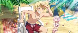 1boy 1girl arm_support beach beach_towel beach_umbrella bikini blonde_hair blush breasts cleavage closed_mouth collarbone day dust_(konosuba) flower frilled_bikini frilled_thigh_strap frills game_cg grin hair_flower hair_ornament halterneck hand_on_own_elbow hand_over_face highres jewelry kono_subarashii_sekai_ni_shukufuku_wo! konosuba!_fantastic_days looking_ahead looking_at_another looking_up male_swimwear medium_breasts mole mole_under_eye navel necklace official_alternate_costume official_art palm_tree pink_bikini pink_eyes pink_flower pink_hair red_eyes red_swim_trunks sand shade shell shinjin_succubus_(konosuba) short_hair sitting smile sparkle standing starfish sunlight swim_trunks swimsuit thigh_strap towel tree umbrella wavy_hair