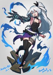 1girl absurdres aiming attack black_nails black_ribbon black_sclera black_shirt black_thighhighs blue_eyes broken_ground claws colored_sclera commission commissioner_name demon_girl eris_(atelier951) feet grey_background hata4564 heterochromia highres incoming_attack magic nail_polish non-web_source open_mouth original powering_up ribbon see-through_clothes see-through_shirt shadow shiny_clothes shiny_skin shirt shorts single_fishnet_legwear skeb_commission skipping solo standing standing_on_one_leg stirrup_legwear teeth thank_you thighhighs toeless_legwear toenail_polish toenails tongue upper_teeth_only white_background white_hair white_shorts