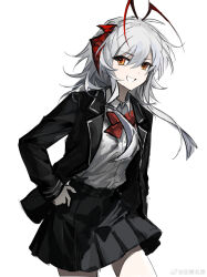 1girl :d absurdres antenna_hair arknights black_jacket black_skirt blazer bow bowtie chinese_commentary collared_shirt commentary_request cowboy_shot grey_hair grin hair_between_eyes hand_on_own_hip highres jacket lapels long_hair long_sleeves looking_at_viewer miniskirt multicolored_hair open_mouth pleated_skirt qielmy red_bow red_bowtie red_hair school_uniform shirt simple_background skirt smile solo split_mouth standing streaked_hair w_(arknights) white_background white_shirt yellow_eyes