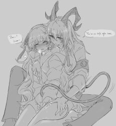 2girls aoi_(aoisaka) between_legs blush closed_eyes closed_mouth collared_shirt commentary covered_erect_nipples english_text grabbing_another&#039;s_breast grabbing_from_behind greyscale groping hair_ornament holding_own_arm horns long_hair monochrome multiple_girls pants parted_lips phoebe_(wuthering_waves) shirt sleeves_rolled_up smile speech_bubble sweat tacet_mark_(wuthering_waves) tail_sex trembling wuthering_waves yuri zani_(wuthering_waves)