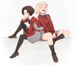 2girls :d absurdres belt black_pantyhose black_socks blonde_hair brown_eyes brown_footwear brown_hair closed_eyes dress harukawa_fuki head_rest highres knee_up komiya_harumoto long_sleeves lycoris_recoil lycoris_uniform multiple_girls nishikigi_chisato open_mouth pantyhose shoes short_hair sitting skirt smile socks two-tone_dress