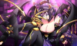 1girl breasts cleavage demon demon_girl digimon digimon_(creature) eyebrows eyeshadow facial_mark fallen_angel female_focus forehead_mark horns large_breasts lilithmon makeup mark_of_evil mole mole_under_eye purple_eyeshadow solo wings