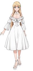 1girl anime_coloring arms_at_sides bare_shoulders blonde_hair blue_eyes blush bobby_pin breasts cleavage closed_mouth collarbone dress elf fuguushoku_&quot;kanteishi&quot;_ga_jitsu_wa_saikyou_datta full_body green_eyes highres large_breasts long_hair long_sleeves looking_at_viewer pointy_ears sakimoto_sayuri sandals simple_background smile solo standing tachi-e transparent_background very_long_hair white_dress yuri_(fuguushoku_&quot;kanteishi&quot;_ga_jitsu_wa_saikyou_datta)