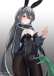 1girl absurdres alternate_costume animal_ears black_pantyhose blush called_by_the_grave duel_monster fake_animal_ears grey_hair highleg highleg_leotard highres leotard long_hair long_sleeves pantyhose playboy_bunny pubic_tattoo rabbit_ears red_eyes scarf sky_striker_ace_-_roze strapless strapless_leotard tattoo tokiyanagi twintails v yu-gi-oh!