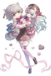 1girl absurdres alternate_costume artist_name blue_eyes blush bow bow_earrings bowtie breasts brown_hairband brown_hat brown_shoes brown_skirt caelus_(honkai:_star_rail) candy center_frills character_doll chocolate chocolate_heart commentary_request creamsoda doll earrings firefly_(honkai:_star_rail) food frills full_body gradient_hair green_hair green_pupils grey_hair hairband hat hat_bow heart heart-shaped_bag heart-shaped_food highres holding holding_doll honkai:_star_rail honkai_(series) jewelry large_breasts loafers long_hair long_sleeves multicolored_eyes multicolored_hair objectification open_mouth pink_bow pink_bowtie pink_eyes pink_ribbon pink_shirt pink_thighhighs ribbon shirt shoes simple_background skirt smile solo thighhighs trailblazer_(honkai:_star_rail) two-tone_eyes white_background