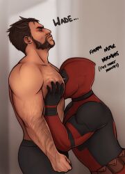 2boys arm_hair bara beard between_pecs between_pectorals black_gloves bodysuit brown_hair chest_hair clenched_hand closed_eyes closed_mouth commentary deadpool deadpool_&amp;_wolverine deadpool_(series) english_commentary english_text face_to_pecs facial_hair gloves hairy head_between_pecs highres large_pectorals male_focus marndraws marvel marvel_cinematic_universe mature_male multiple_boys muscular muscular_male pectoral_grab pectorals red_bodysuit red_mask short_hair superhero_costume topless_male wolverine_(x-men) x-men yaoi