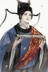 111218422 1boy absurdres alternate_costume black_hair black_hat blue_hanfu brown_eyes chinese_clothes chinese_commentary closed_mouth dao_gui_yi_xian falling_petals faux_traditional_media flower flute hanfu hat hat_flower hat_ribbon highres holding holding_scroll ink_wash_painting instrument jin_(headwear) long_sleeves male_focus petals red_flower red_sash ribbon robe sash scroll shoulder_sash simple_background smile solo tang_jin_(headwear) updo upper_body white_background wide_sleeves yuanlingpao zhuge_yuan