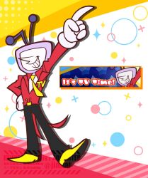 1boy ant_tenna arm_up bemani black_pants commentary_request crt deltarune gloves grin hand_on_own_hip highres jinnai_0067 long_sleeves male_focus necktie object_head pants parody pointing pointing_up pointy_nose pop&#039;n_music pop&#039;n_music_(style) shoes smile sparkle standing style_parody tailcoat watermark white_background white_gloves yellow_necktie yellow_shoes