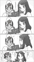1boy 1girl 4koma ? blush closed_mouth comic commentary_request cowlick creatures_(company) eyelashes game_freak gen_4_pokemon greyscale hair_ornament hairclip hat highres liko_(pokemon) long_hair looking_down monochrome nintendo pokemon pokemon_(anime) pokemon_horizons raglan_sleeves rei_hinketsu rotom rotom_phone roy_(pokemon) shirt smile speech_bubble split_mouth t-shirt thought_bubble translation_request