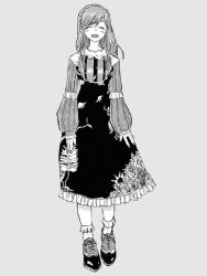 1girl black_dress blush closed_eyes dress echigo_lira happy long_hair long_sleeves non-web_source open_mouth shoes simple_background smile solo striped_clothes striped_dress veil white_background yofukashi_no_uta