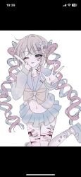 Rule 34 | 1girl, ;d, bandaid, bandaid on leg, bleeding, blonde hair, blood, blue eyes, blue serafuku, blunt bangs, chest bow, chouzetsusaikawa tenshi-chan, clothing cutout, full body, highres, holding, holding knife, implied self-harm, knife, looking at viewer, multiple scars, needy girl overdose, one eye closed, open mouth, pink hair, platform shoes, quad tails, reno (re leno), scar, scar on leg, school uniform, screencap, self-harm, serafuku, smile, stomach, thigh cutout, v