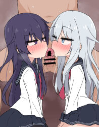 1boy 2girls akatsuki_(kancolle) ame_(amechan17391739) blue_eyes brown_background cooperative_fellatio fellatio glansjob group_sex hetero hibiki_(kancolle) highres kantai_collection licking licking_penis long_hair multiple_girls oral penis purple_eyes purple_hair school_uniform serafuku simple_background teamwork_(sexual) threesome white_hair