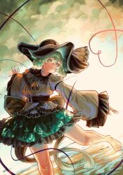 1girl ascot barefoot belt belt_around_waist black_hat bow cloud cloudy_sky floral_print floral_print_skirt frilled_shirt_collar frilled_skirt frilled_sleeves frills green_background green_eyes green_hair green_skirt hat highres koishi_day komeiji_koishi large_bow long_hair print_skirt ribbon shirt skirt sky solo standing standing_on_one_leg thighs touhou umaieokakitai water yellow_ascot yellow_ribbon yellow_shirt