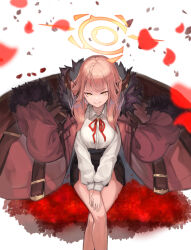 1girl aru_(blue_archive) black_skirt blue_archive blunt_bangs blurry bow bowtie brown_coat c: coat coat_on_shoulders collared_shirt commentary_request crossed_legs demon_girl demon_horns depth_of_field falling_petals from_above fur-trimmed_coat fur_trim halo high-waist_skirt highres horns long_hair long_sleeves looking_at_viewer looking_up open_clothes open_coat pencil_skirt petals red_bow red_bowtie red_hair school_uniform shirt sidelocks simple_background sitting skirt smile solo taba_comya v-shaped_eyebrows v_arms white_background white_shirt yellow_eyes