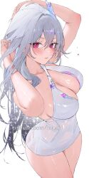 1girl blue_ribbon blush breasts cleavage closed_mouth collarbone commentary dress eyelashes genshin_impact hair_between_eyes hair_ribbon highres large_breasts long_hair miychi patreon_username pink_eyes pink_lips ribbon simple_background skirk_(genshin_impact) solo starry_hair starry_sky_print sweat thighs white_background white_dress white_hair