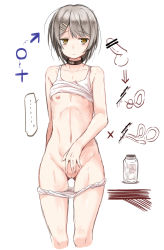 1boy bar_censor castration censored cleft_of_venus collar cuntboy_only flat_chest groin hair_ornament hairclip highres mars_symbol navel nullification original panties panty_pull penis pussy pxkanif reverse_newhalf severed_penis short_hair silver_hair simple_background solo testicles underwear venus_symbol white_background