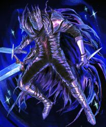 1boy armor dual_wielding elden_ring elden_ring_nightreign extra_arms full_armor full_body gauntlets glowing glowing_weapon great_rune_(elden_ring) greatsword helmet heolstor_the_nightlord highres holding night rashuu shoulder_armor simple_background sky solo sparkle spiked_helmet standing sword triple_wielding weapon