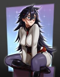 1girl black_boots black_hair black_leotard blue_eyes blush bodysuit boku_no_hero_academia boots breasts commentary cuffs domino_mask double-parted_bangs earrings english_commentary figure_four_sitting foot_out_of_frame garter_straps glint hair_between_eyes handcuffs highleg highleg_leotard highres hunybee jewelry knee_boots large_breasts leotard long_hair looking_to_the_side mask midnight_(boku_no_hero_academia) mole mole_under_eye purple_thighhighs sitting skin_tight solo sparkle stud_earrings superhero_costume thighhighs thighhighs_under_boots very_long_hair white_bodysuit