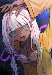 1girl :d arm_up bead_necklace beads blue_background blunt_bangs breasts cleavage collarbone danganronpa_(series) danganronpa_v3:_killing_harmony dark-skinned_female dark_skin grey_eyes highres jacket jewelry long_hair long_sleeves medium_breasts ne_(ne_on) necklace open_mouth pearl_necklace shell shell_necklace smile solo upper_body watermark white_hair yellow_jacket yonaga_angie