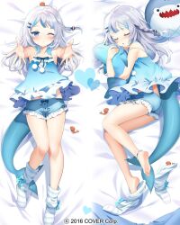 1girl 2016 :o ;o anklet bare_legs barefoot bed_sheet bloop_(gawr_gura) blue_bow blue_camisole blue_eyes blue_hair blue_shorts blush bow bow_legwear bow_shorts braid camisole closed_eyes copyright_notice dakimakura_(medium) feet fins fish_hair_ornament fish_tail flat_chest full_body gawr_gura grey_hair hair_ornament heart holding holding_stuffed_toy hololive hololive_english jewelry kurot long_hair looking_at_viewer loose_socks lying midriff midriff_peek multicolored_hair multiple_views official_art on_back on_side one_eye_closed open_hands outstretched_arms pajamas reaching reaching_towards_viewer shark_tail short_shorts shorts shrimp side_braid single_braid sleepwear socks soles strap_slip streaked_hair striped_clothes striped_socks stuffed_animal stuffed_fish stuffed_toy tail thigh_gap toes underwear unworn_socks virtual_youtuber