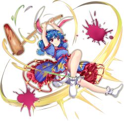 1girl ambiguous_red_liquid animal_ears bloomers blue_dress blue_hair closed_mouth crescent_print dress earclip full_body game_cg highres holding holding_mallet kine long_hair looking_at_viewer low_twintails mallet official_art rabbit_ears rabbit_girl rabbit_tail red_eyes rotte_(1109) seiran_(touhou) short_sleeves smile socks solo star_(symbol) star_print tail third-party_source touhou touhou_lostword transparent_background twintails underwear white_socks