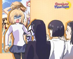 1girl 3boys angry arcueid_brunestud black_hair black_pantyhose blush breasts carnival_phantasm cleavage closed_eyes collared_shirt formal_clothes gloves gransurg_blackmore highres long_hair merem_solomon michael_roa_valdamjong multiple_boys neco-arc_destiny no_01r open_mouth pantyhose poster_(object) praying shirt short_hair smile surprised sweatdrop sweater swimsuit tohsaka_rin tsukihime tsukihime_(remake) turtleneck turtleneck_sweater white_gloves white_shirt