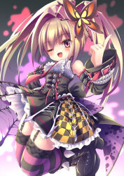 1girl bare_shoulders black_boots black_dress blonde_hair boots butterfly_hair_ornament dress emil_chronicle_online frilled_dress frills garter_belt hair_ornament highres long_hair ponytail purple_thighhighs red_eyes spider_web_hair_ornament split_ponytail striped_clothes striped_thighhighs tarantula_alma thighhighs yupi828