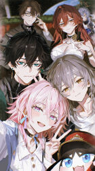 Rule 34 | 1other, 3boys, 3girls, absurdres, astral express (honkai: star rail), black-framed eyewear, black hair, black jacket, blue eyes, blue hair, blue jacket, blush, breasts, cheek squash, cleavage, closed mouth, commentary request, crossed bangs, dan heng (honkai: star rail), dan heng (hunt) (honkai: star rail), dress, glasses, gradient hair, grey hair, hair between eyes, hair intakes, hat, head wings, highres, himeko (honkai: star rail), honkai: star rail, honkai (series), jacket, large breasts, leaning on person, long hair, looking at viewer, march 7th (honkai: star rail), march 7th (preservation) (honkai: star rail), maria (maria rose), medium hair, mole, mole on breast, multicolored hair, multiple boys, multiple girls, open mouth, pink eyes, pink hair, pom-pom (honkai: star rail), red eyes, red hat, selfie, shirt, smile, stelle (honkai: star rail), sunday (honkai: star rail), trailblazer (honkai: star rail), v, welt yang, white dress, white hair, white shirt, white wings, wings, yellow eyes