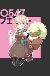 1girl ahoge bag bell black_scrunchie black_thighhighs blush bow brown_dress brown_hair brown_shoes character_name closed_mouth collared_shirt creatures_(company) crossover dasima_a dress full_body game_freak gen_5_pokemon green_bow green_eyes hair_bell hair_between_eyes hair_ornament hands_up highres jingle_bell jumping loafers looking_at_viewer maple_(vrhcat) nintendo outline pinafore_dress pink_background pokemon pokemon_(creature) pom_pom_(clothes) pom_pom_hair_ornament scrunchie shirt shoes short_hair short_sleeves shoulder_bag sleeveless sleeveless_dress smile striped_clothes striped_thighhighs thighhighs two-tone_background vertical-striped_clothes vertical-striped_thighhighs vrchat whimsicott white_outline white_shirt wrist_scrunchie