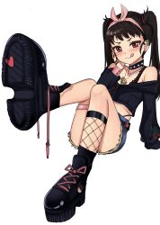 1girl alternate_costume black_boots black_bra black_choker black_nails black_panties black_shirt blue_shorts boots bra brown_hair choker denim denim_shorts dot_nose ear_piercing female_focus fingernails fishnet_socks fishnets foot_up from_below full_body hachikuji_mayoi hairband hand_on_own_face high_heel_boots high_heels jewelry knee_up loli long_hair looking_at_viewer meemz_a monogatari_(series) nail_polish naughty_face necklace off-shoulder_shirt off_shoulder panties panty_straps piercing pink_hairband red_eyes shirt shorts simple_background single_sock sitting sleeves_past_fingers sleeves_past_wrists smile socks solo thighlet tongue tongue_out twintails underwear white_background
