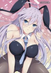 1girl :&lt; absurdres ahoge animal_ears artist_name bare_arms bare_shoulders between_breasts black_leotard blue_eyes blue_necktie breasts brown_pantyhose cameltoe cleavage closed_mouth collarbone covered_navel detached_collar fake_animal_ears female_focus fuyou-chan gluteal_fold hands_on_floor highleg highleg_leotard highres kneeling large_breasts leotard light_purple_hair long_hair looking_at_viewer melonbooks milkpanda necktie necktie_between_breasts original pantyhose playboy_bunny rabbit_ears rabbit_tail scan shiny_skin skin_tight solo strapless strapless_leotard tail thick_eyebrows very_long_hair wing_collar