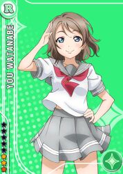 Rule 34 | 1girl, anime coloring, blue eyes, blush, breasts, brown hair, card (medium), closed mouth, cowboy shot, green background, grey sailor collar, grey skirt, hand on own hip, hand up, looking at viewer, love live!, love live! school idol festival, love live! sunshine!!, medium breasts, miniskirt, neckerchief, official art, pleated skirt, red neckerchief, sailor collar, salute, school uniform, serafuku, shirt, short hair, short sleeves, skirt, smile, solo, standing, star (symbol), straight-on, summer uniform, tie clip, uranohoshi school uniform, watanabe you, wavy hair, white shirt