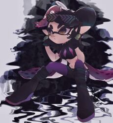 ankle_boots ankle_buckle belt black_background black_gloves black_hair black_shirt black_shorts boots bow bow-shaped_hair breasts callie_(octo_idol_outfit)_(splatoon) callie_(splatoon) collar cowlick crop_top earrings eye_mask eyelashes eyewear_on_head fish_(food) food food_on_head gloves gold_earrings gradient_hair hand_on_own_cheek hand_on_own_face hat high_heels highres hypnoshades_(splatoon) jewelry long_hair long_pointy_ears looking_to_the_side midriff mole mole_under_eye multicolored_hair navel nintendo object_on_head octopus_sashimi octopus_sausage_earrings octopus_tattoo official_alternate_costume okome_2g2g pale_skin panties panty_straps pantyhose pink_hair pink_hat pink_leaf pink_panties pink_shiso_leaf pink_tattoo pointy_ears puffy_short_sleeves puffy_sleeves sashimi shirt shoes short_eyebrows short_shorts short_sleeves shorts simple_background sitting small_breasts spiked_collar spiked_waistband spikes splatoon_(series) splatoon_2 spotted_hair star-shaped_pupils star_(symbol) stomach_tattoo studded_belt studded_collar suction_cups sunglasses swept_bangs symbol-shaped_pupils tattoo tentacle_hair thick_eyebrows twintails underwear very_long_hair wedge_heels white_background yellow_eyes