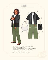 1boy animification bag brown_eyes brown_hair contemporary dark-skinned_male dark_skin highres long_hair looking_at_viewer male_focus maui_(moana) meecosme moana_(movie) pants shirt simple_background smile teeth white_background