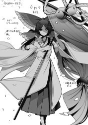 1girl bell bow chihaya_(clothing) closed_mouth commentary_request foul_detective_satori frilled_bow frilled_hair_tubes frills full_body gensokyo&#039;s_first_hakurei_miko greyscale hair_bow hair_tubes hakama hakama_skirt highres japanese_clothes large_bow long_hair long_sleeves looking_at_viewer low-tied_long_hair miko monochrome nodoguro_(phi-tan) shide skirt solo spoilers standing touhou very_long_hair white_background wide_sleeves