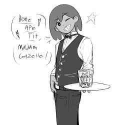 Rule 34 | 1boy, absurdres, bow, bowtie, bright pupils, buttons, cabronpr, collared shirt, commentary, cowboy shot, dark-skinned male, dark skin, double-parted bangs, english commentary, english text, grey background, grin, hair behind ear, hair between eyes, head tilt, heart, highres, holding, holding plate, instant ramen, kel (faraway) (omori), kel (omori), long sleeves, looking at viewer, male focus, omori, one eye closed, pants, plate, pocket, shirt, short hair, simple background, smile, solo, speech bubble, star (symbol), vest, white background