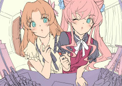 2girls :o ;o blonde_hair blue_eyes cosmetics curtains highres holding holding_lipstick_tube indoors lipstick_tube long_hair maria_cadenzavna_eve mokutan_mmmm multiple_girls non-web_source one_eye_closed open_mouth pink_hair senki_zesshou_symphogear upper_body