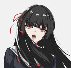 1girl aduyaiii black_hair black_shirt blunt_bangs chisa_(wuthering_waves) commentary eyeshadow hair_ribbon hashtag-only_commentary highres leaning_to_the_side long_hair looking_at_viewer makeup mole mole_under_eye open_mouth red_eyes red_eyeshadow red_ribbon ribbon school_uniform serafuku shirt simple_background solo upper_body white_background wuthering_waves