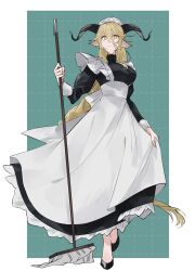 1girl absurdres alternate_costume animal_ears apron arknights black_dress black_shoes blonde_hair border braid breasts commentary_request degenbrecher_(arknights) dress enmaided frown goat_ears goat_girl goat_horns green_background grid_background hat highres holding holding_mop horns large_breasts long_hair long_sleeves looking_at_viewer maid mob_cap mop puffy_sleeves shoes simple_background skirt_hold solo white_apron white_background white_hair yakota_(usuk-yako) yellow_eyes