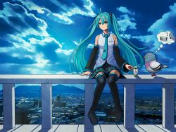 1girl aqua_eyes aqua_hair aqua_necktie bird black_skirt boots can city cityscape closed_mouth cloud cloudy_sky detached_sleeves drink drink_can fence hair_between_eyes hair_ornament hatsune_miku highres imagining kotatsumuri_(yaugau) long_hair necktie on_fence outdoors shadow sitting_on_fence skirt sky sleeveless smile soda_can thigh_boots twintails very_long_hair vocaloid
