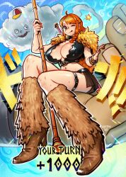baseball_cap boots bracelet braid breasts brown_boots brown_eyes brown_skirt cape cleavage cleavage_cutout clima-tact clothing_cutout cloud crop_top eyeshadow fake_trading_card fingernails fur_cape fur_leg_warmers giant gold_bracelet half-closed_eyes hat high_heel_boots high_heels highres holding holding_staff in_palm jewelry large_hands leather leather_boots leg_warmers long_fingernails long_hair looking_at_viewer louten makeup midriff miniskirt multiple_bracelets nail_polish nami_(one_piece) navel numbered official_alternate_costume one_eye_closed one_piece open_mouth orange_eyeshadow orange_hair orange_nails out_of_frame outline second-party_source sharp_fingernails sheath sheathed single_braid sitting skirt smile sound_effects staff star_(symbol) sword sword_on_back thigh_strap tongue tongue_out weapon weapon_on_back white_outline zeus_(one_piece)