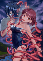 1boy 1girl absurdres black_hair blue_eyes braid breasts collarbone commentary_request cowboy_shot hair_over_one_eye highres large_breasts looking_at_viewer open_mouth orange_hair original purple_skirt red_hair school_swimsuit short_hair side_braid skirt solo_focus standing strap_pull swimsuit teeth tentacles upper_teeth_only wakana_hanabi