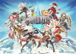 aki_rosenthal alternate_costume amane_kanata animal_ear_fluff animal_ears armor black_armor black_boots blonde_hair blue_hair book boots braid brown_pants chakram circlet detached_pants earth_(planet) final_fantasy final_fantasy_xiv fox_ears fox_girl fox_tail full_armor gauntlets gold_circlet gold_trim hat high_ponytail holding holding_book holding_weapon hololive hololive_dev_is hyde_(tabakko) ichijou_ririka kazama_iroha lion_ears lion_girl lion_tail long_hair mascot multicolored_hair multiple_girls official_art open_book pants pentagram pink_hair planet pokobee ponytail red_hair red_hat red_pants red_robe robe shield shirakami_fubuki shirogane_noel shirt shishiro_botan single_braid tail takane_lui thigh_armor thigh_boots thighhighs twintails virtual_youtuber weapon white_hair white_robe white_shirt zettai_ryouiki