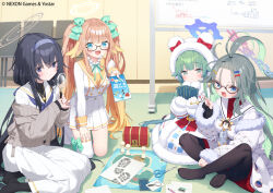 4girls :d ahoge animal_ears animal_hood bags_under_eyes bear_ears bear_hood black-framed_eyewear black_gloves black_hair black_pantyhose black_shirt blue_archive blue_eyes blue_hairband blush bow brown_hair brown_jacket card closed_mouth coat commentary_request fake_animal_ears forehead fur-trimmed_coat fur-trimmed_sleeves fur_trim glasses gloves green_bow green_eyes green_hair hair_between_eyes hair_bow hair_ornament hairband halo holding holding_card hood hood_up indoors jacket kani_biimu kneeling long_hair long_sleeves magnifying_glass meru_(blue_archive) momiji_(blue_archive) multicolored_hair multiple_girls no_shoes official_art open_mouth pantyhose partially_fingerless_gloves playing_card pleated_skirt red_bow red_sweater ribbed_sweater sailor_collar scissors semi-rimless_eyewear shimiko_(blue_archive) shirt single_glove single_thighhigh sitting skirt smile sweater thigh_strap thighhighs treasure_chest twintails two-tone_hair ui_(blue_archive) under-rim_eyewear undershirt very_long_hair white_coat white_sailor_collar white_shirt white_skirt white_thighhighs whiteboard yellow_sailor_collar