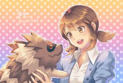 1girl bad_id bad_pixiv_id brown_eyes brown_hair gen_3_pokemon juliet_sleeves lass_(pokemon) long_sleeves medium_hair nintendo ooki1089 open_mouth pokemon pokemon_(creature) pokemon_oras polka_dot polka_dot_background puffy_sleeves sidelocks smile twitter_username upper_body zigzagoon