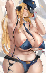 1girl alternate_breast_size areola_slip armpits belt between_breasts bikini blonde_hair blue_headwear breasts covered_erect_nipples cuffs curvy cynthia_(pokemon) detached_collar gloves grey_eyes hair_ornament hair_over_one_eye handcuffs hat heart highres huge_breasts large_areolae long_hair looking_at_viewer mika_l navel necktie necktie_between_breasts original plump poke_ball police police_hat pubic_hair pubic_hair_peek shorts solo sweat swimsuit white_gloves