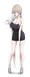 Rule 34 | 1girl, absurdres, bare shoulders, black dress, blonde hair, blush, breasts, cleavage, collared shirt, dress, highres, holding, holding towel, laneigu, large breasts, long hair, looking at viewer, mole, mole on cheek, original, shirt, shoes, short dress, simple background, socks, solo, towel, twintails, very long hair, white background, white socks, yellow eyes, yuzu (laneigu)